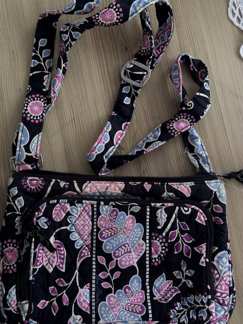 Vera Bradley Black Crossbody with Purple & Blue Floral Print